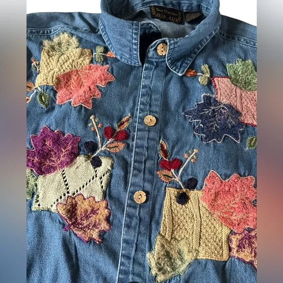 Vintage New Direction Womans Embroidered Denim Shirt with Fall Leaves. Size M - Picture 4 of 8